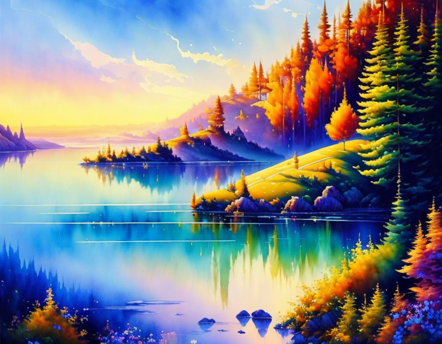 Serene Lake Painting: Autumn Trees, Sunset Sky & Lightning