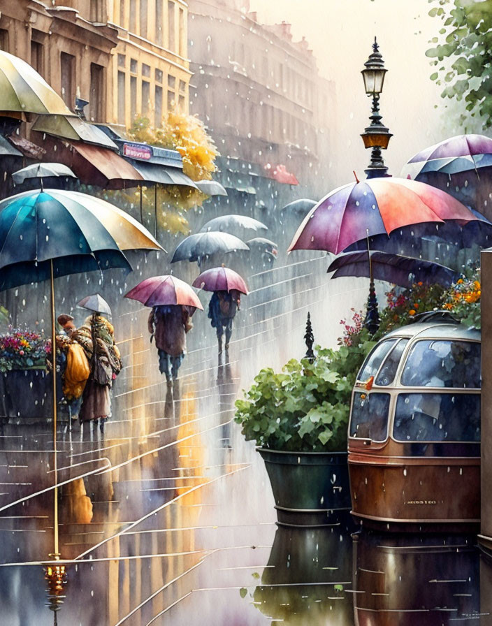 Colorful umbrellas on rainy street with tram, wet pavement, vintage lamp