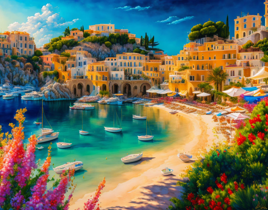 Colorful Coastal Scene with Buildings, Beach, Boats, and Flora