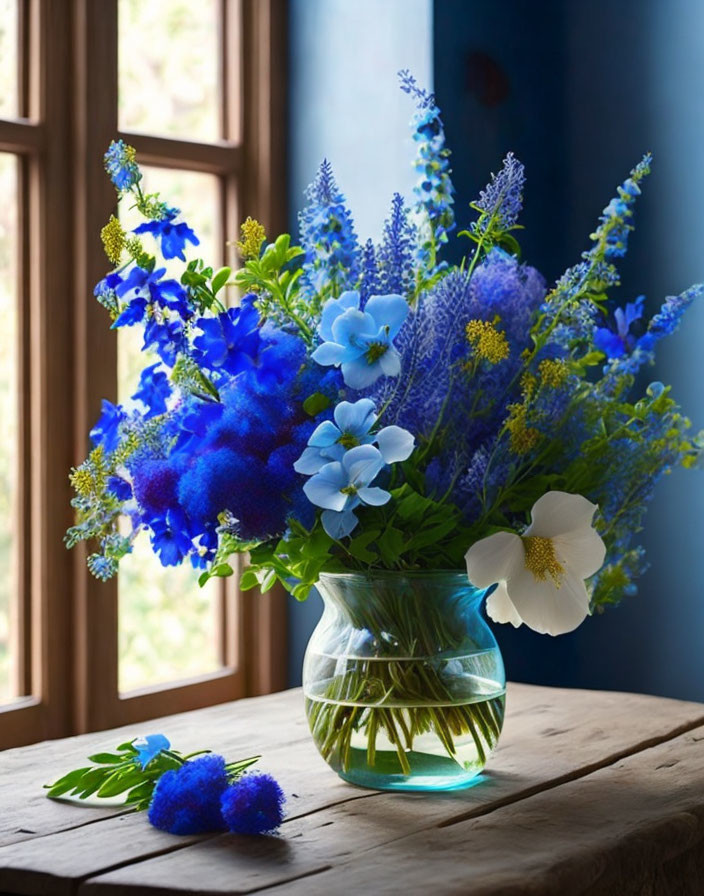 Blue and Purple Flowers in Clear Glass Vase on Wooden Table by Window