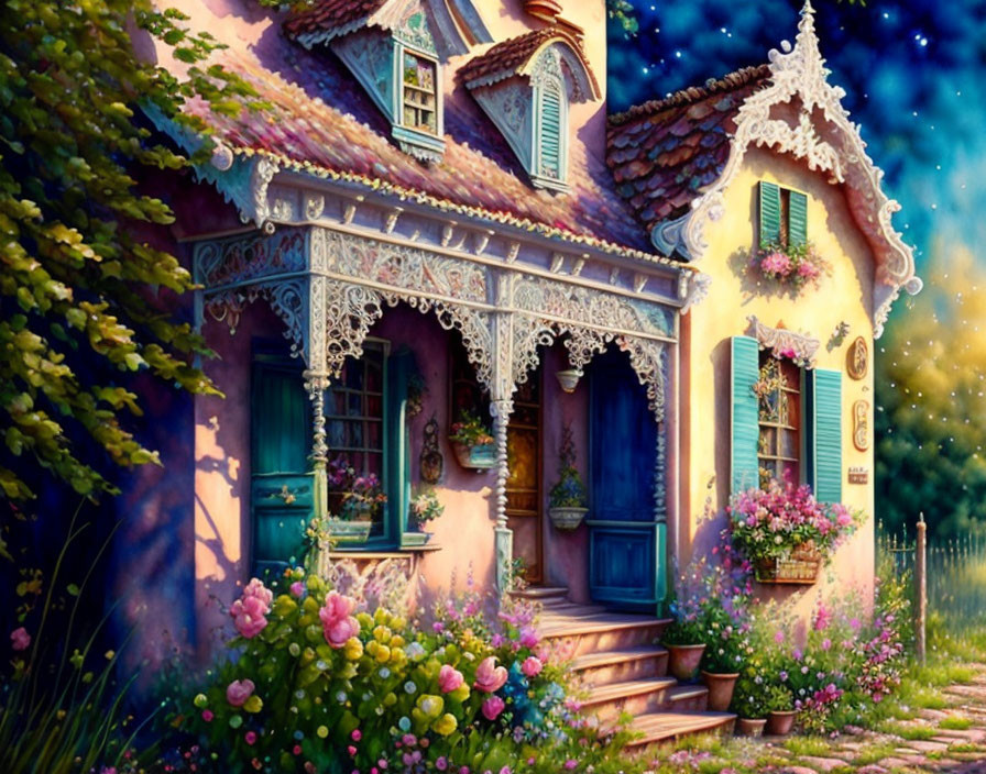 Detailed Latticework Cottage Surrounded by Lush Flowers at Twilight