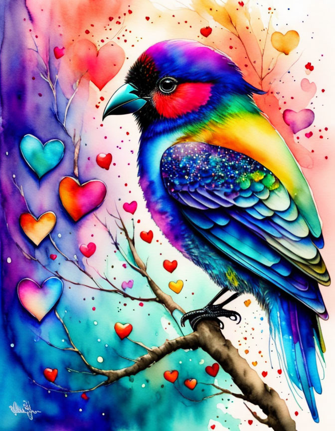 Colorful Bird on Branch with Hearts and Watercolor Background