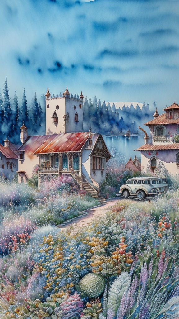 Scenic watercolor painting of village with flowers, cars, houses, church, trees, and hills