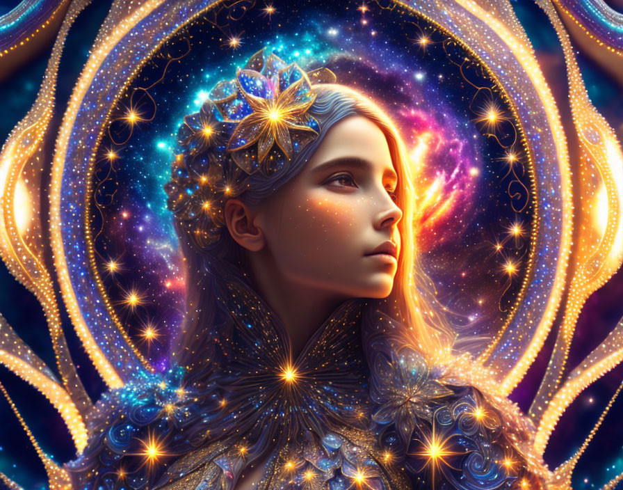 Digital artwork: Woman with cosmic crown in mandala patterns