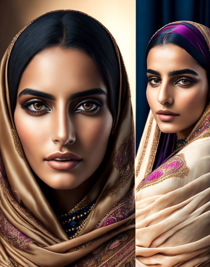 Split-image of woman with striking makeup and headscarf, contrasting glamorous and modest looks