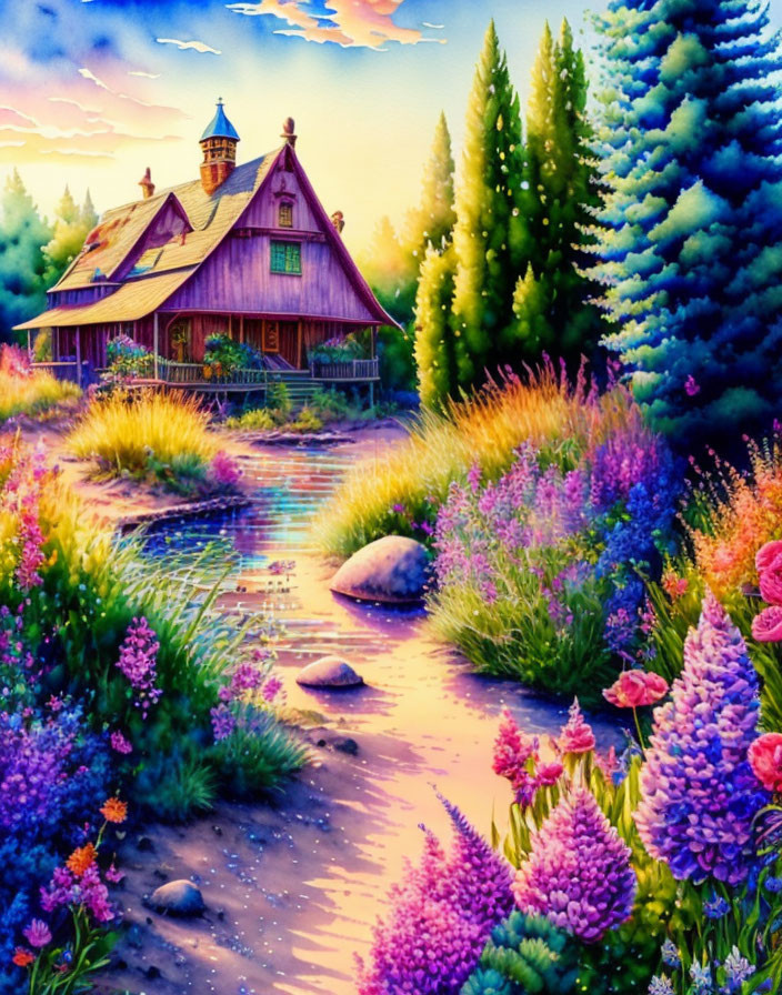 Colorful cottage by stream in lush landscape under sunset.