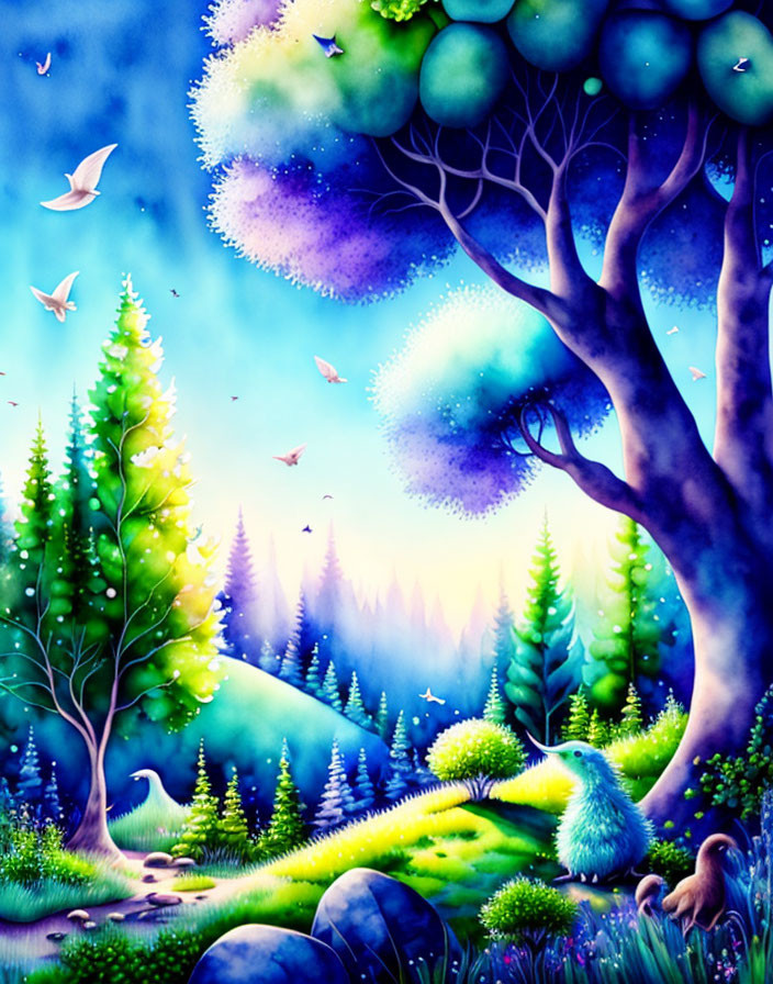 Luminous fantasy landscape with glowing trees and whimsical creature