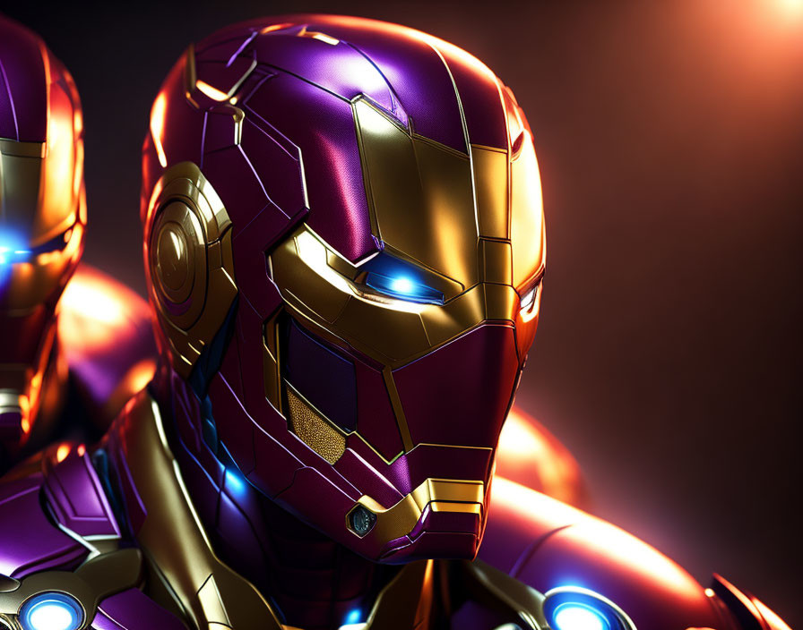 Purple and Gold Iron Man Helmet with Glowing Blue Eyes on Dark Background