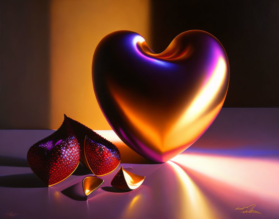 Shiny heart-shaped object with fruits and cut pieces on reflective surface