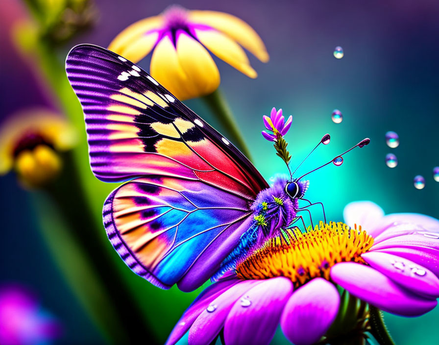 Colorful Butterfly on Purple Flower with Droplets and Blurred Background