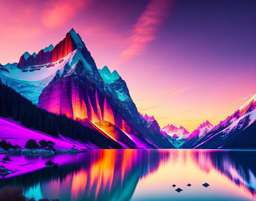 Colorful Mountain Range Reflection in Tranquil Lake at Sunrise or Sunset