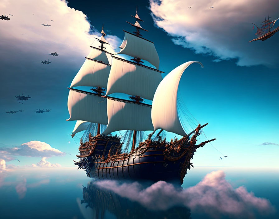 Majestic sailing ship gliding above clouds with fleet of airborne ships