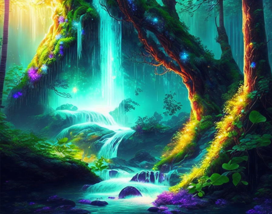 Enchanted forest with glowing flora, waterfall, and mystical light