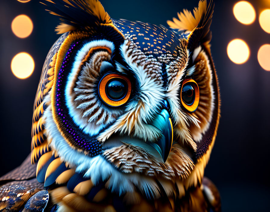 Detailed Close-Up of Owl with Intricate Feather Patterns on Bokeh Background