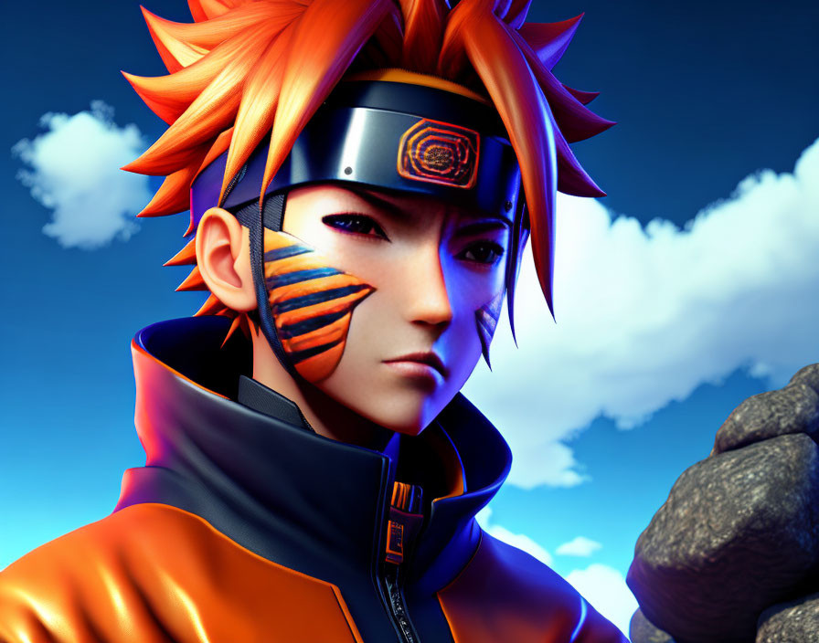 Anime-style character with spiky orange hair and headband against blue sky