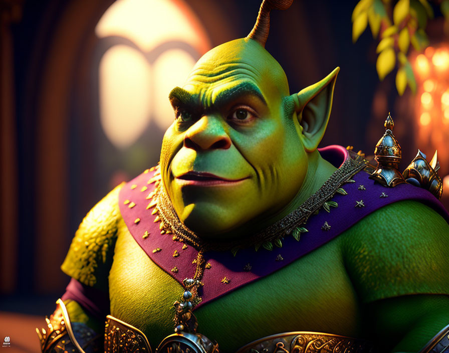 Detailed high-resolution digital rendering of Shrek with rich ambient lighting