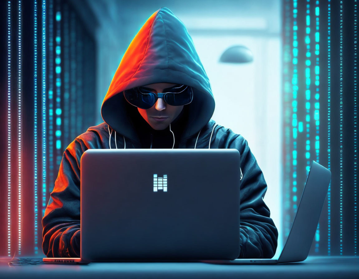 Person in hooded sweatshirt and sunglasses on laptop with blue digital data streams.