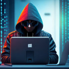 Person in hooded sweatshirt and sunglasses on laptop with blue digital data streams.