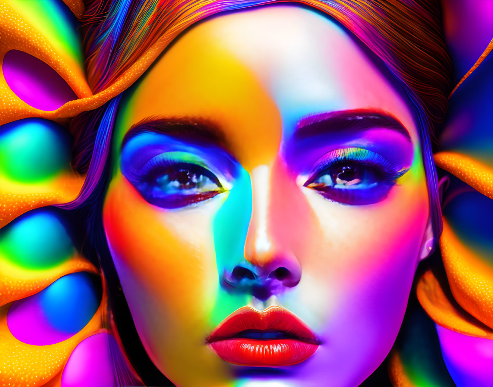 Vibrant digital portrait of a woman with rainbow makeup and luminous skin