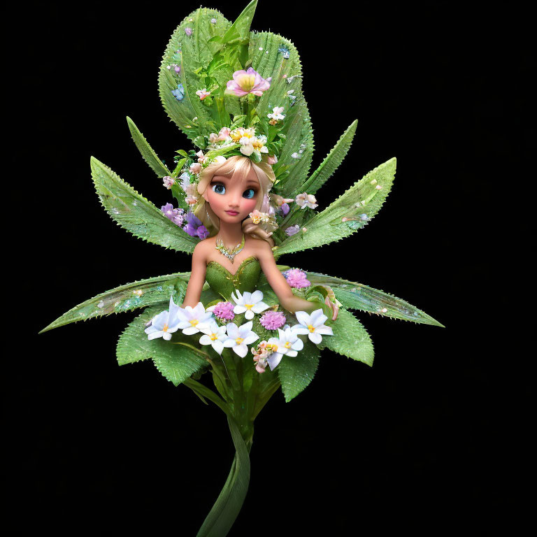 Blonde Fairy with Leafy Wings Among Flowers on Green Leaf