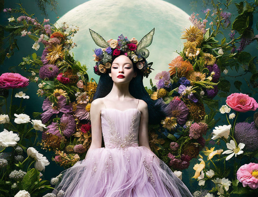 Woman in Floral Headpiece and Lilac Gown Surrounded by Vibrant Flowers and Moon Background