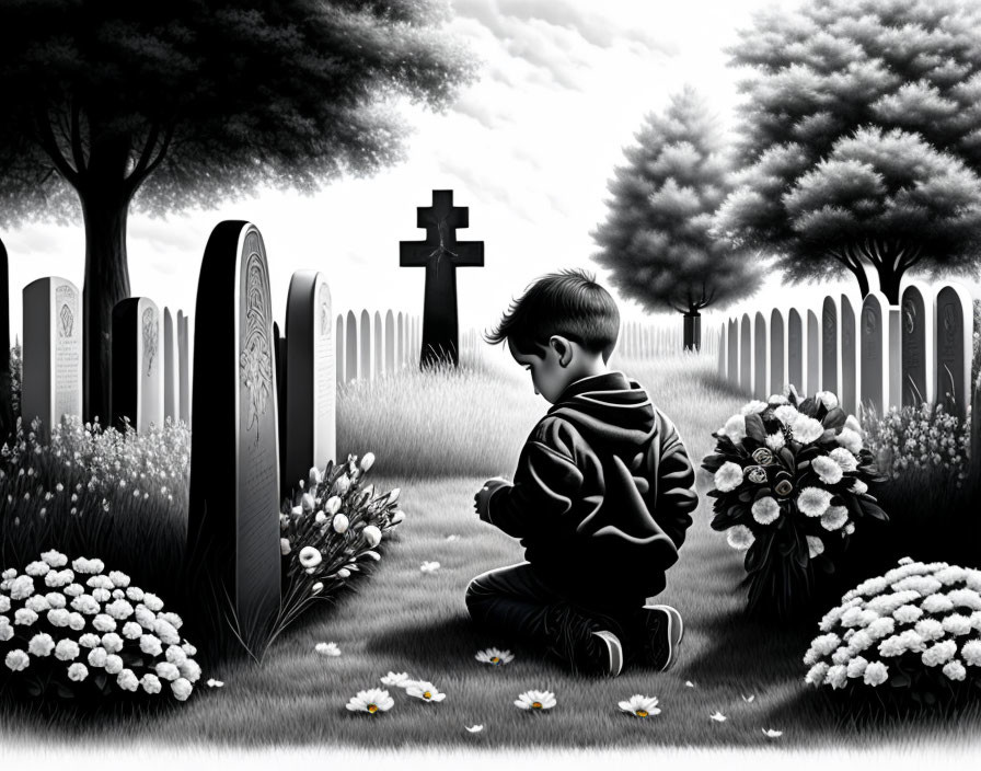 Monochrome image of child praying at grave in serene cemetery