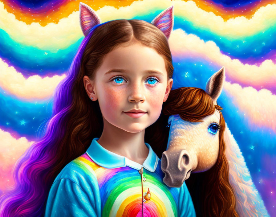 Digital Artwork: Young Girl with Cat Ears & Horse in Vibrant Sky