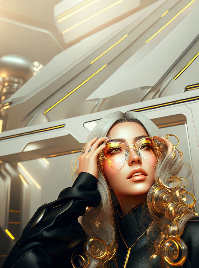 Blonde Curly-Haired Woman in Futuristic Outfit and Glasses