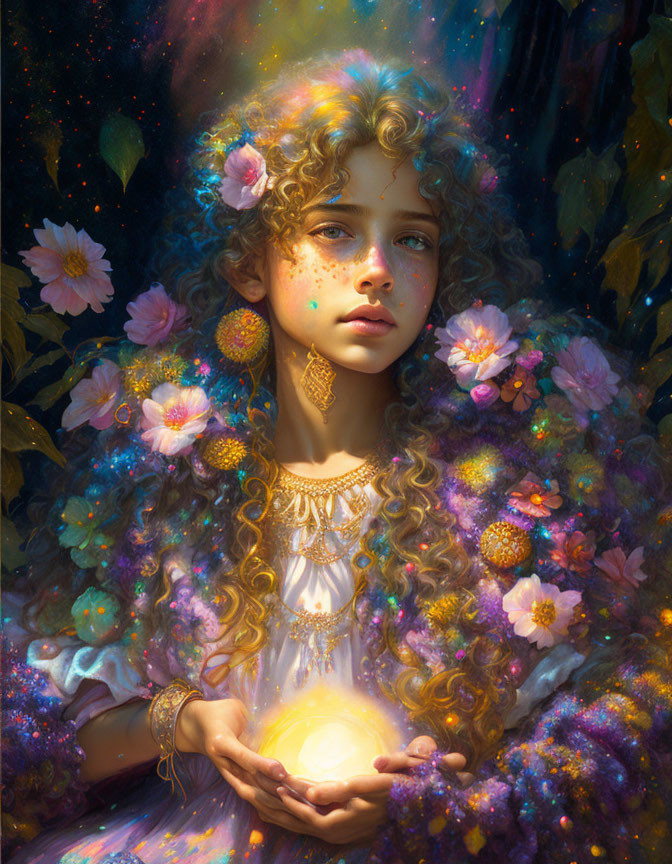 Curly-haired girl with glowing orb in mystical setting