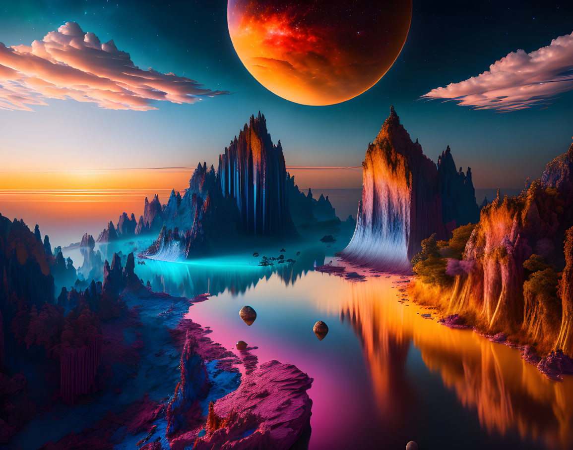 Surreal landscape with towering rock formations, orange river, bioluminescent shores, exotic trees