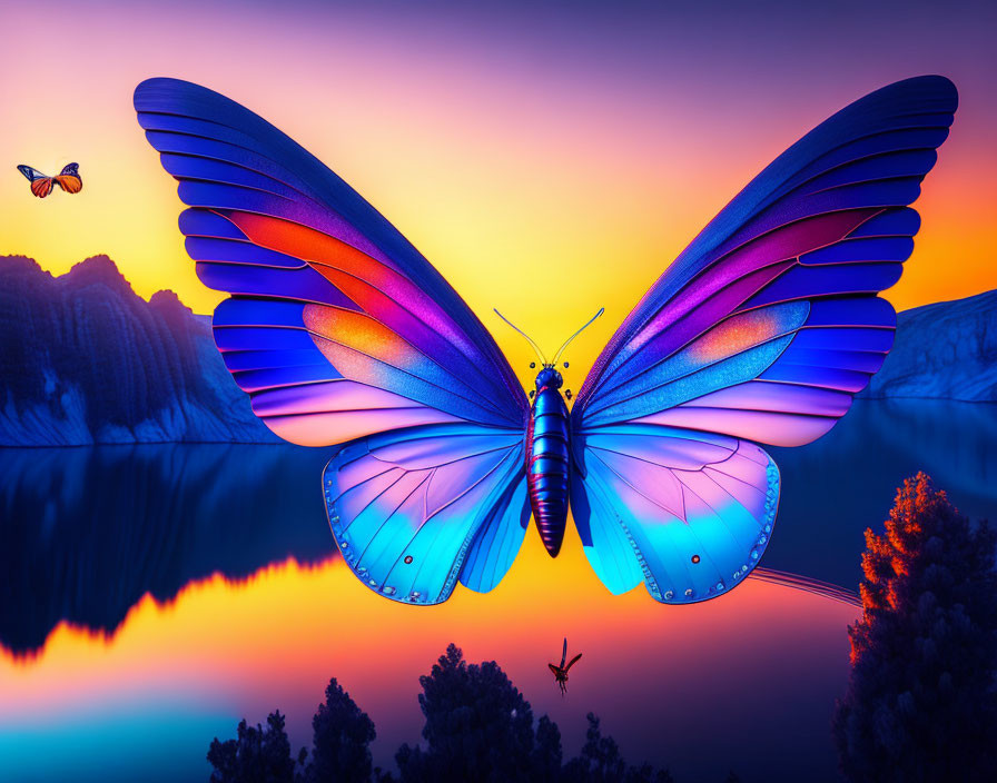 Digital artwork of oversized butterfly over lake at sunset with mountains and small butterfly.