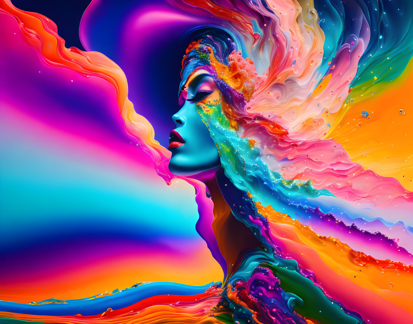 Colorful digital artwork of woman with flowing liquid-like hair