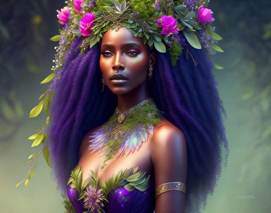 Digital artwork featuring woman with floral headpiece and purple hair against nature background