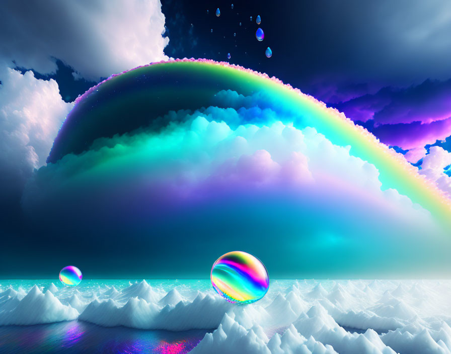 Colorful Rainbow Over Clouds Reflected in Bubble Spheres