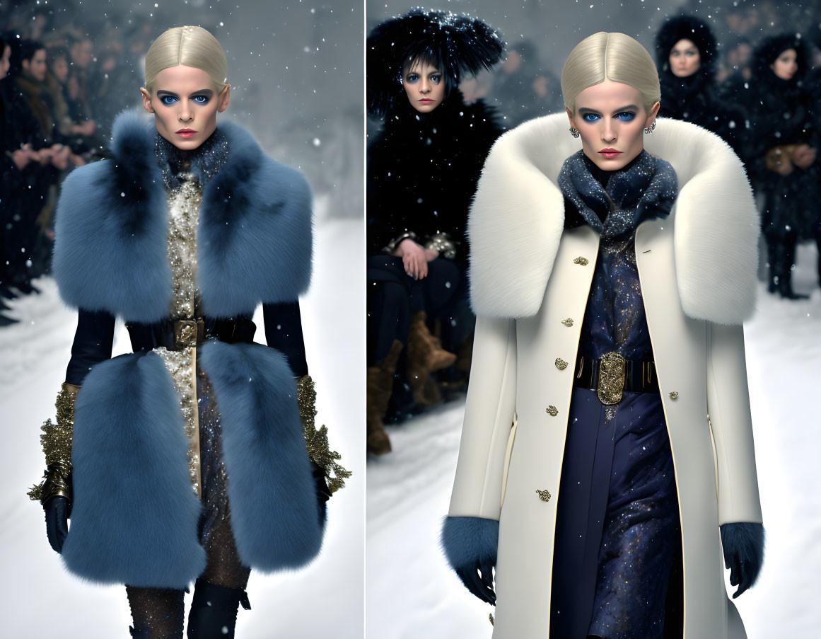 Fashion models in luxurious winter coats with fur collars and belts on snowy runway