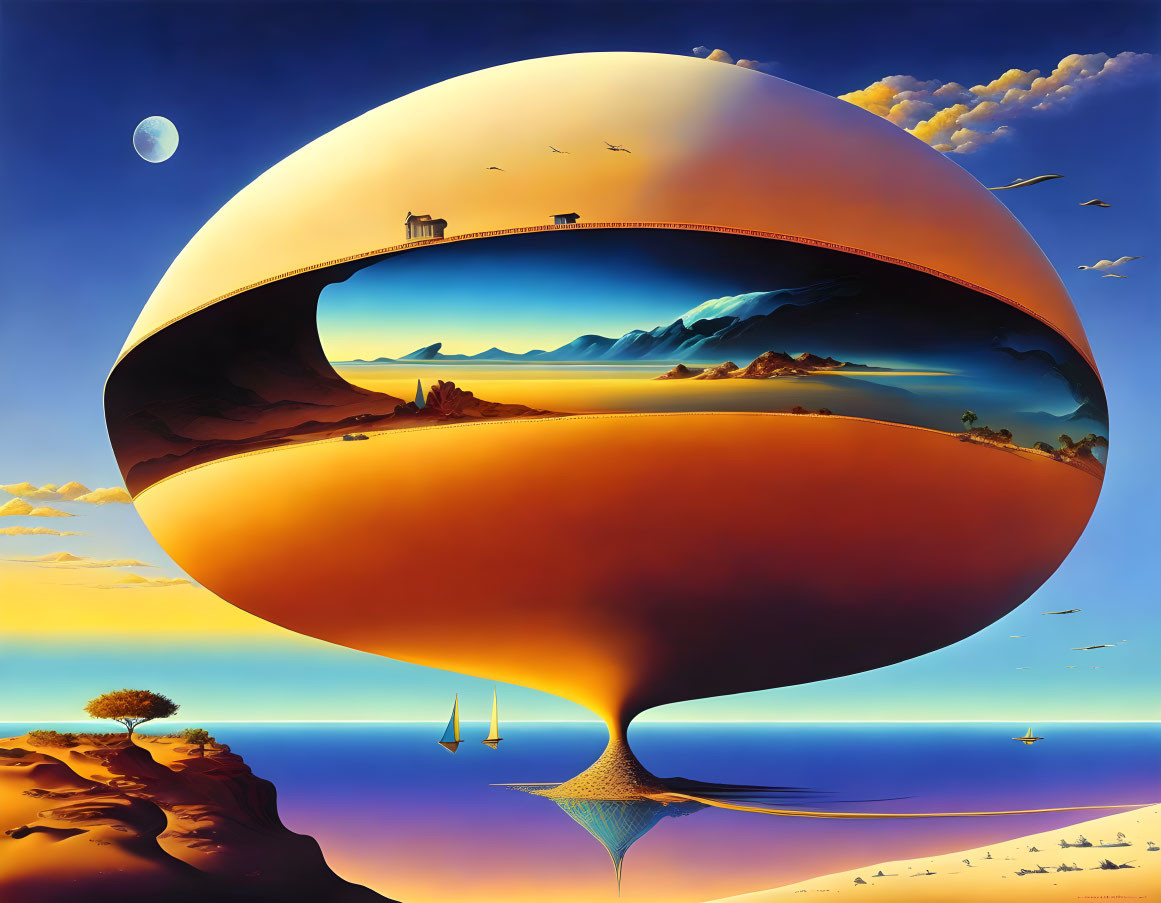 Surreal landscape with giant hourglass structure in desert twilight