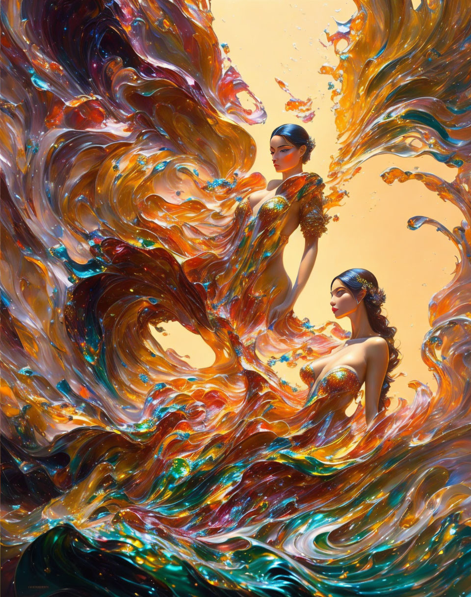 Two women in sparkling golden outfits in vibrant swirl of gold, orange, and teal.