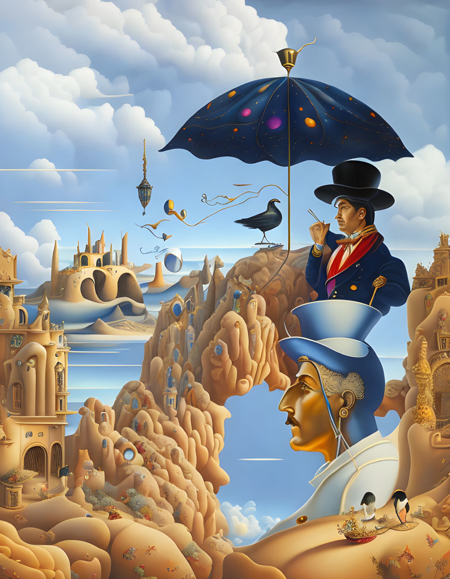 Surrealist artwork featuring man in top hat, face-shaped landscapes, whimsical architecture, and floating