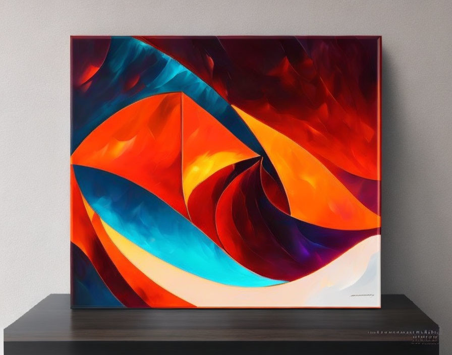 Colorful Abstract Painting with Swirling Red, Orange, and Blue Shapes on White Wall