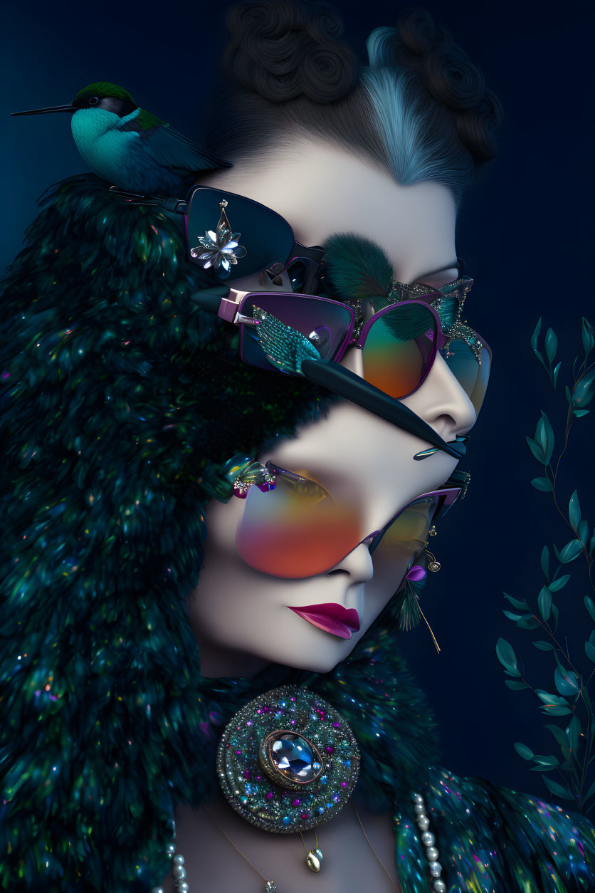 Fashionable female figure with sunglasses, jewelry, bird, and blue feathered garment on dark background