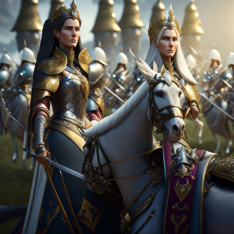 Two regal female warriors on white horses with soldiers in ornate armor.