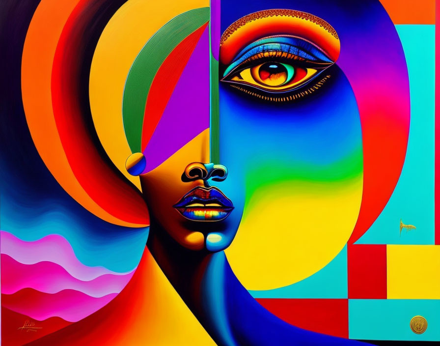 Abstract portrait with woman's face, geometric shapes, bold colors, and central eye.