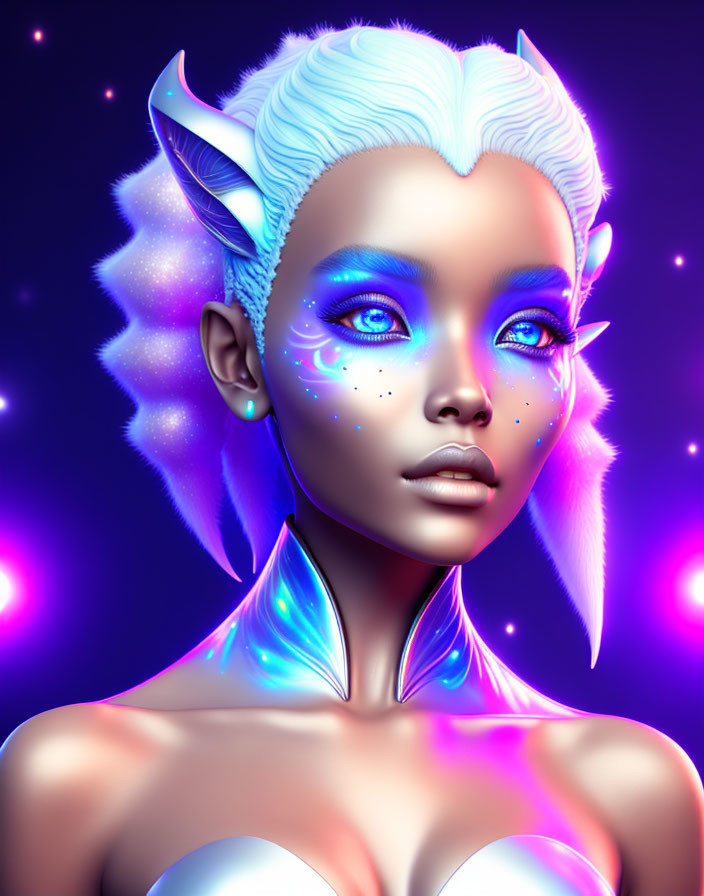 Fantastical portrait of female character with blue skin, pointed ears, glowing eyes, and star-like