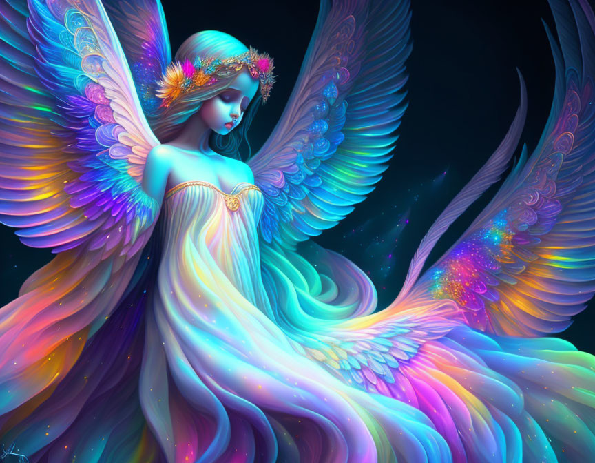 Colorful surreal angelic figure with floral crown on dark background