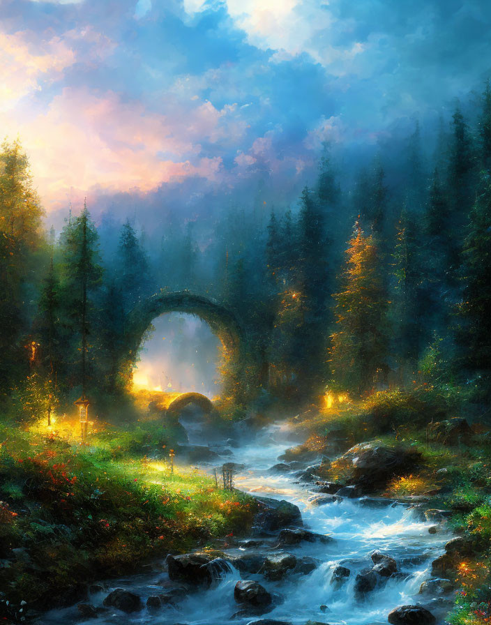 Mystical forest scene with glowing arch bridge and misty ambiance