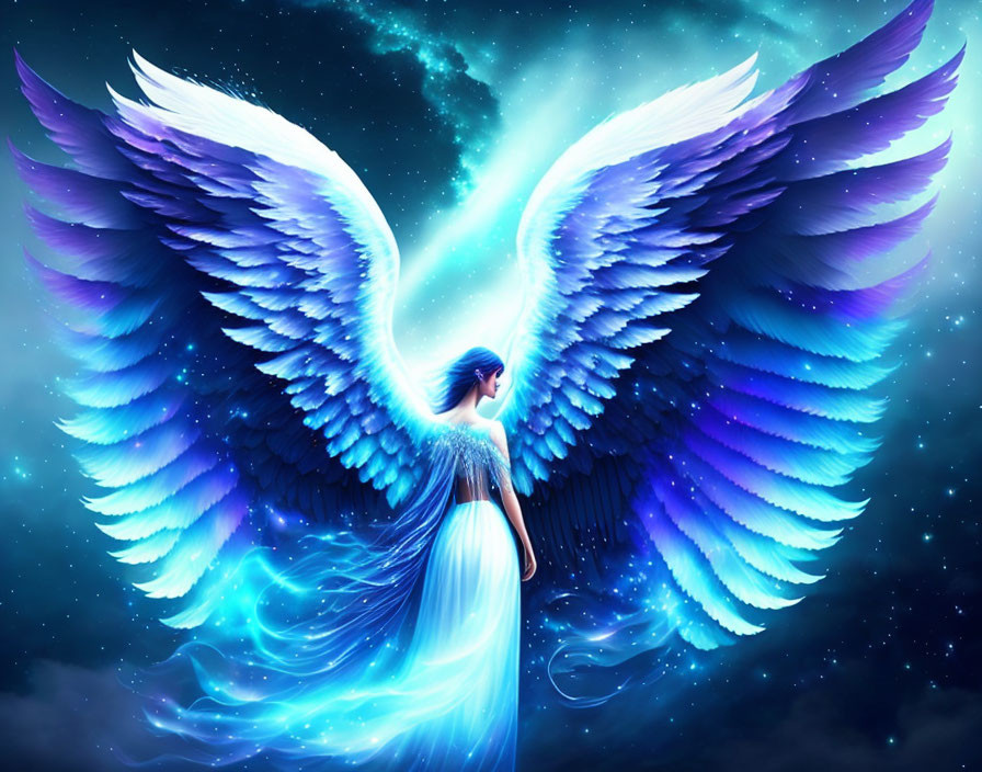 Digital Artwork: Person with Blue Wings in Starry Night Sky