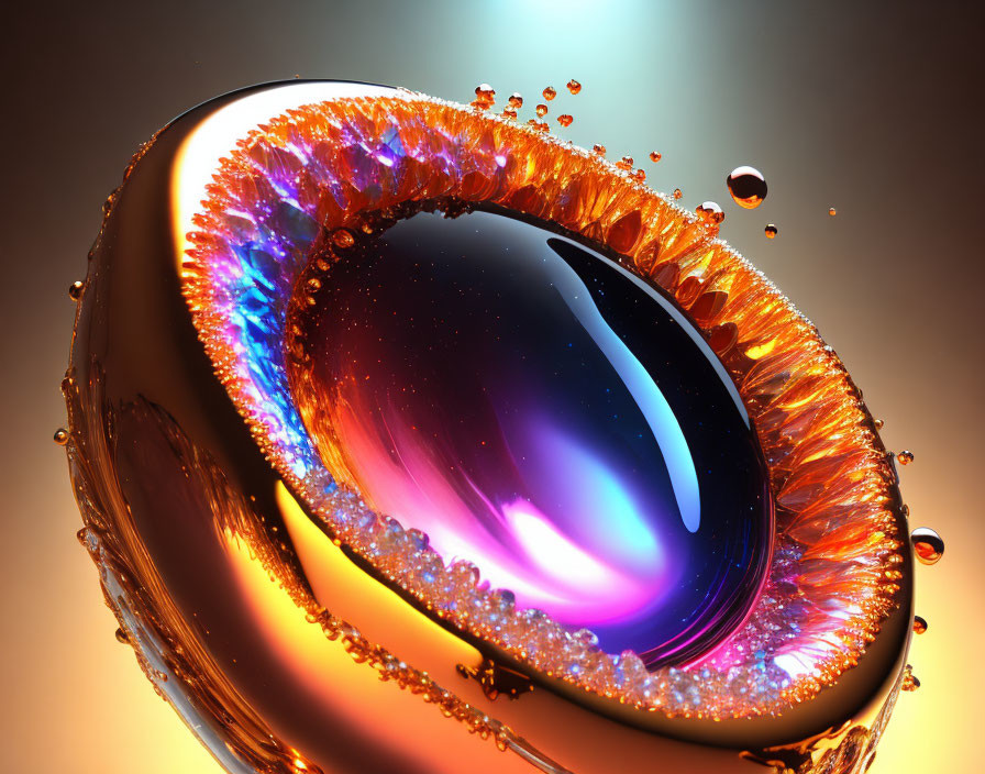 Vibrant eye-shaped structure with fiery colors on glossy surface