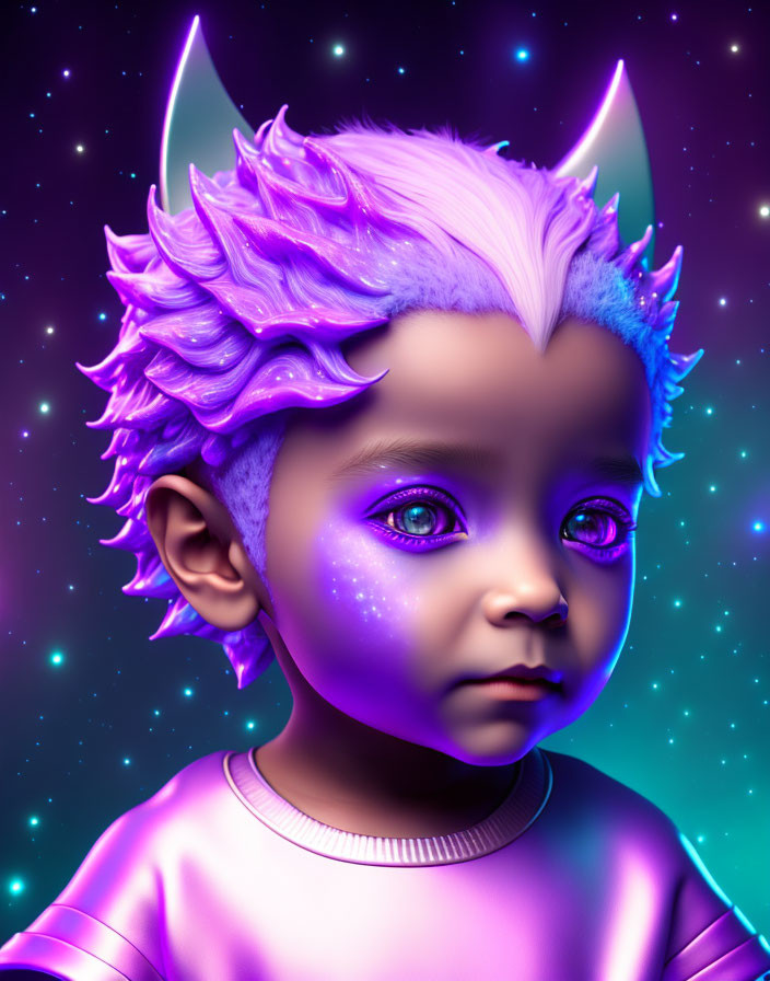 Child with Purple Hair and Glowing Horns in Surreal Space Portrait