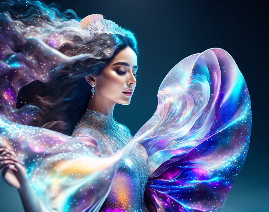 Digital artwork of woman with star-filled hair and galaxy dress on dark background