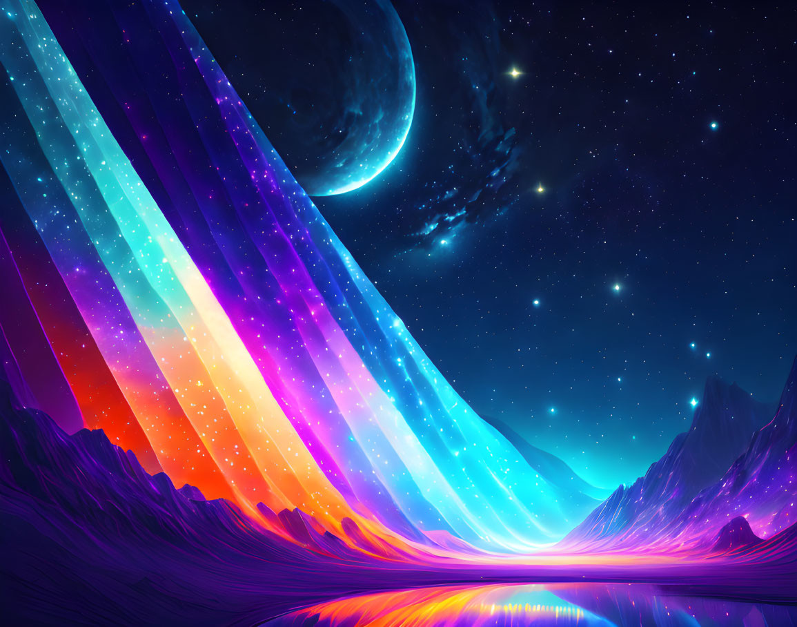 Neon aurora over mountain landscape with crescent moon